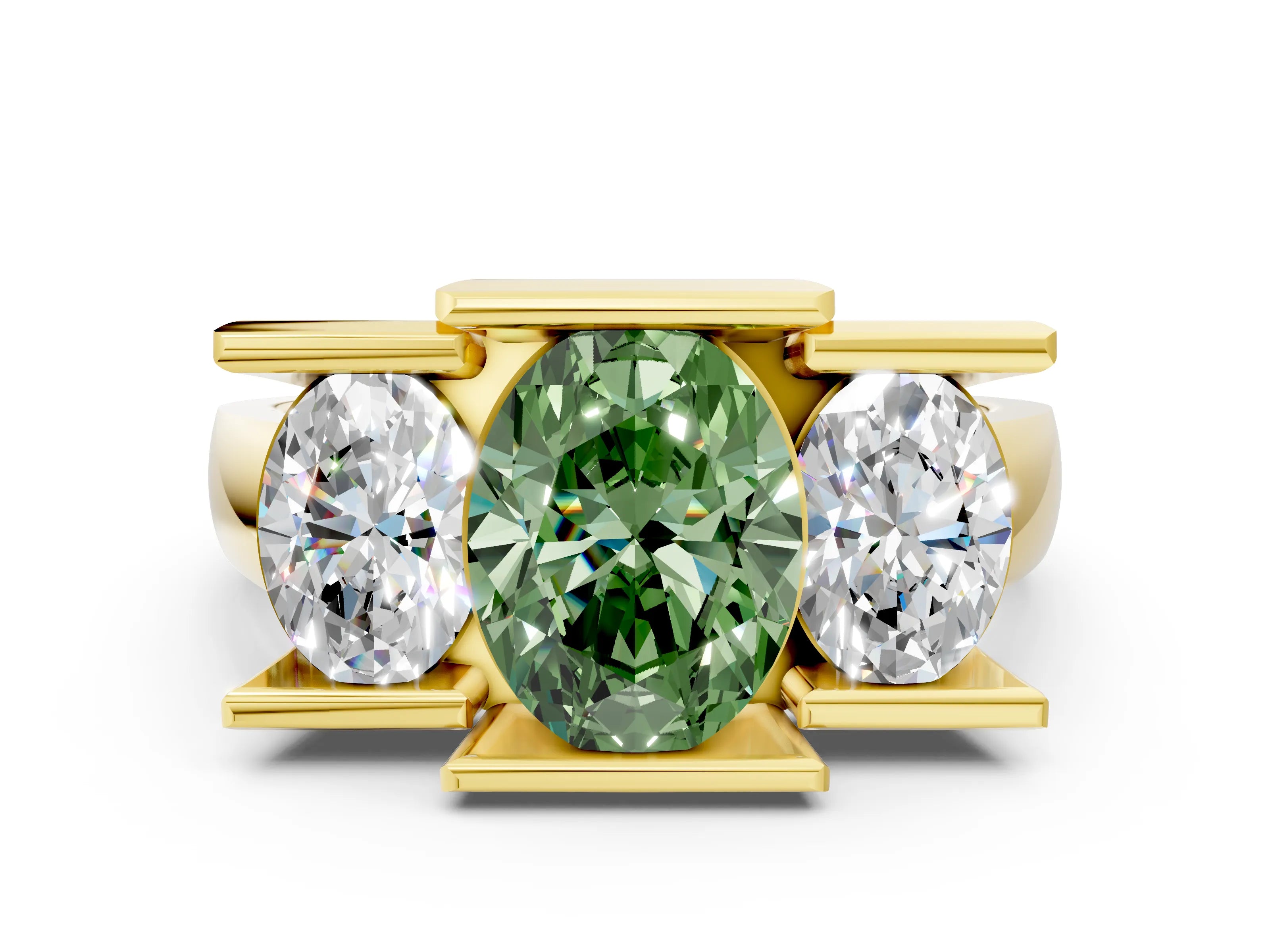 Yellow gold Three Stone Fancy Green Oval Cut Cut Channel Set Diamond Ring