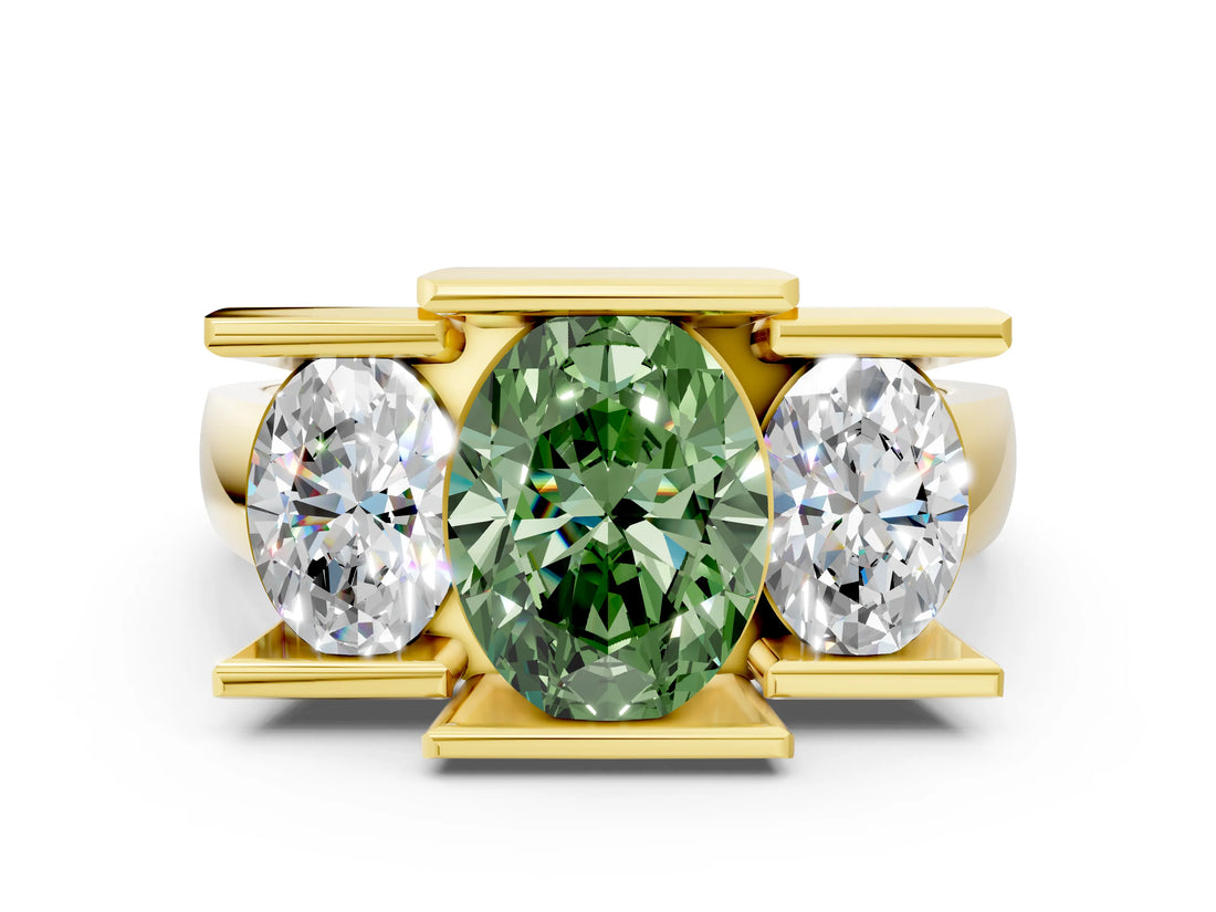 Yellow gold Three Stone Fancy Green Oval Cut Cut Channel Set Diamond Ring