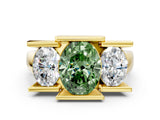 Yellow gold Three Stone Fancy Green Oval Cut Cut Channel Set Diamond Ring