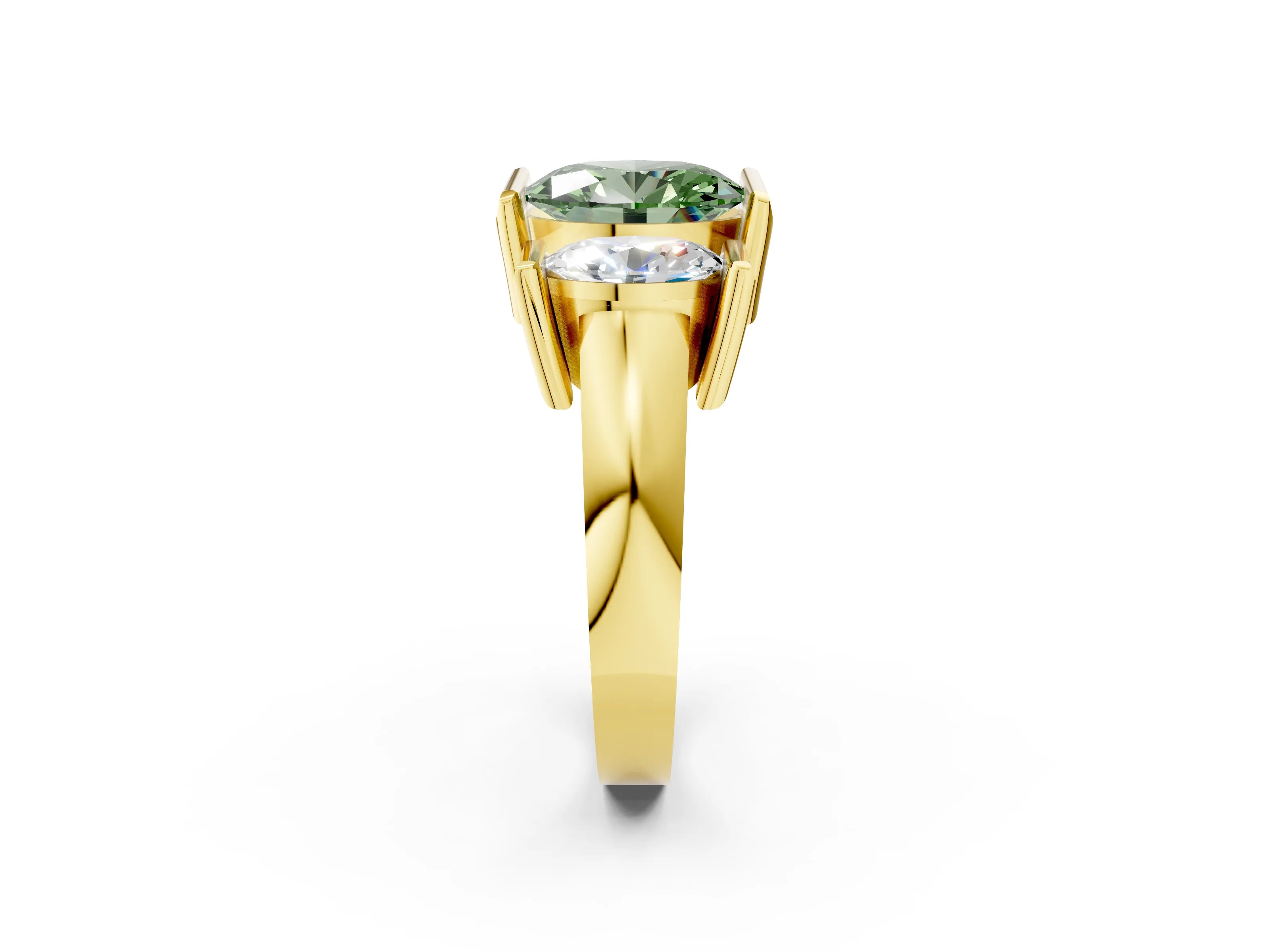 Yellow gold Three Stone Fancy Green Oval Cut Cut Channel Set Diamond Ring_2