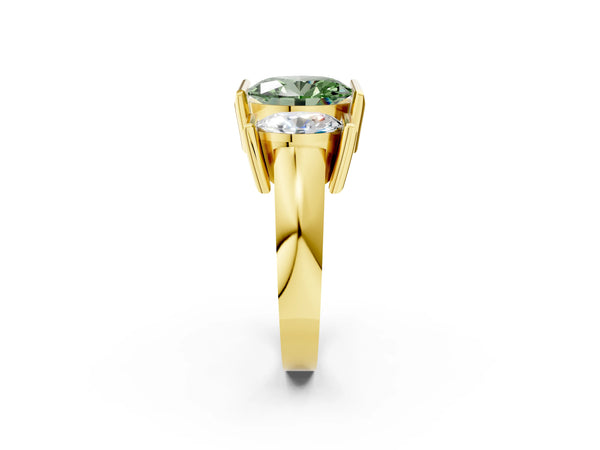 Yellow Gold Oval Channel Set Three Stone Engagement Ring Setting for Fancy Green Center