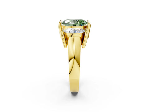 Yellow gold Three Stone Fancy Green Oval Cut Cut Channel Set Diamond Ring_2