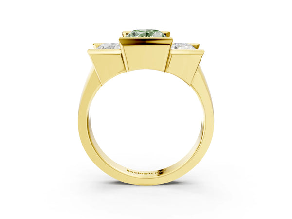 Yellow Gold Oval Channel Set Three Stone Engagement Ring Setting for Fancy Green Center