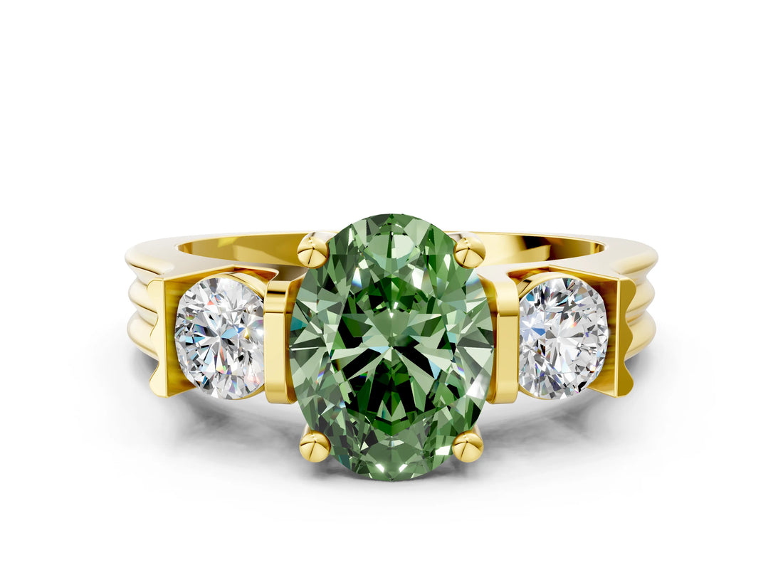 Yellow gold Three-Stone Fancy Green Oval Cut Cut Classic Band Prong Setting Ring