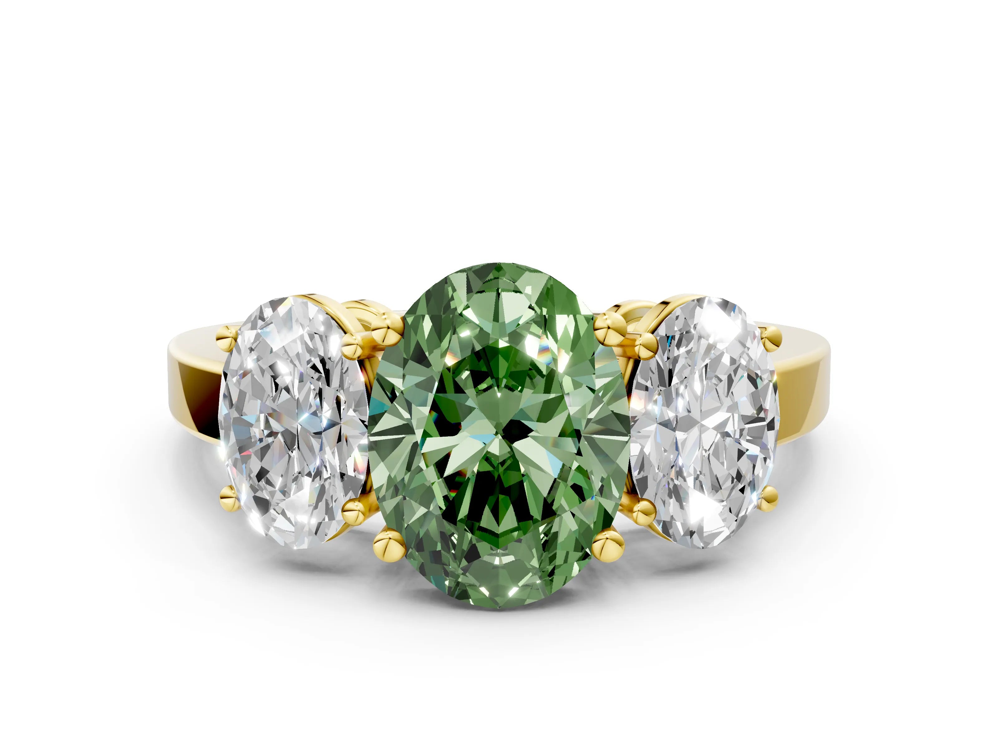Yellow gold Three-Stone Fancy Green Oval Cut Cut Diamond Engagement Ring with Flat Band and Four-Prong Setting