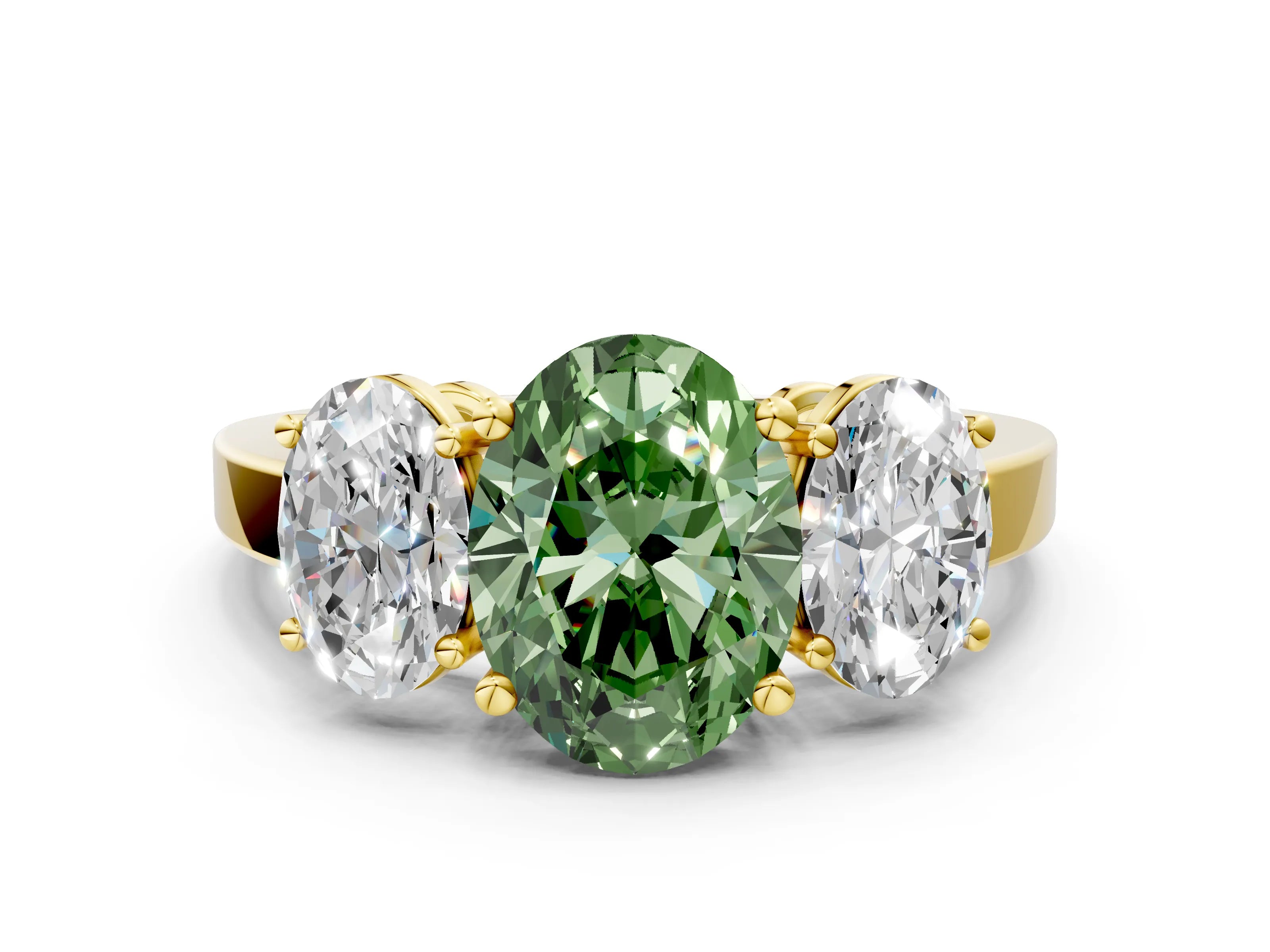 Yellow gold Three-Stone Fancy Green Oval Cut Cut Diamond Engagement Ring with Flat Band and Four-Prong Setting_12