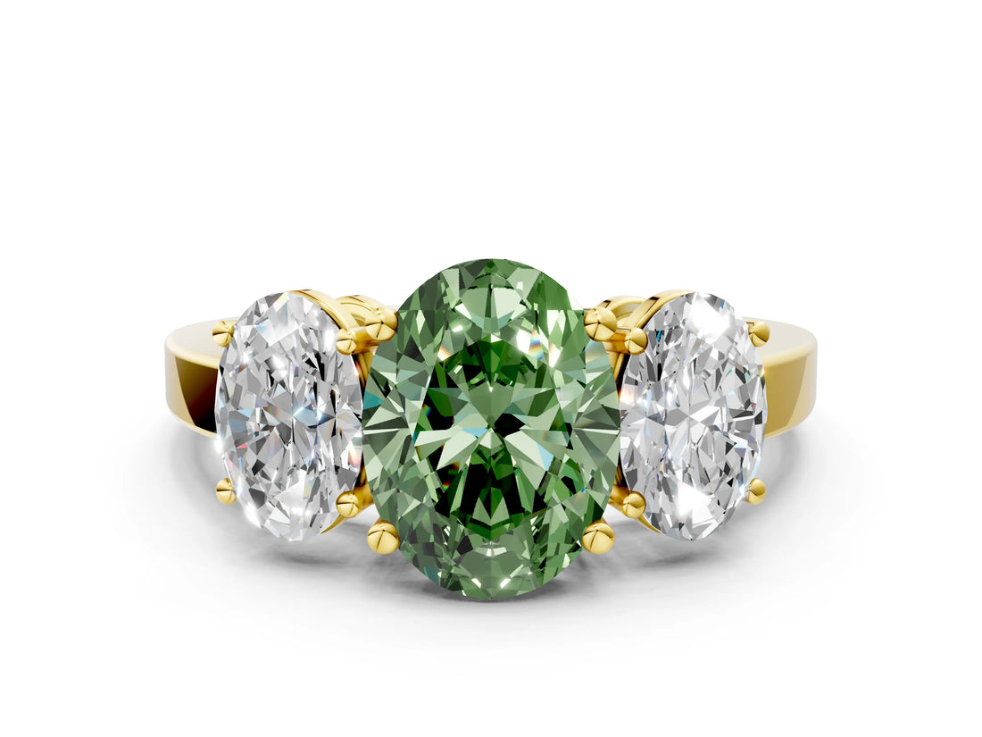 Yellow gold Three-Stone Fancy Green Oval Cut Cut Diamond Engagement Ring with Flat Band and Four-Prong Setting_12