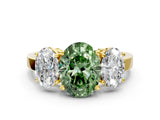 Yellow gold Three-Stone Fancy Green Oval Cut Cut Diamond Engagement Ring with Flat Band and Four-Prong Setting_12