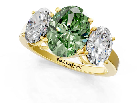Yellow gold Three-Stone Fancy Green Oval Cut Cut Diamond Engagement Ring with Flat Band and Four-Prong Setting_13