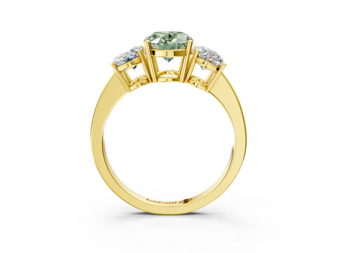 Yellow gold Three-Stone Fancy Green Oval Cut Cut Diamond Engagement Ring with Flat Band and Four-Prong Setting_3