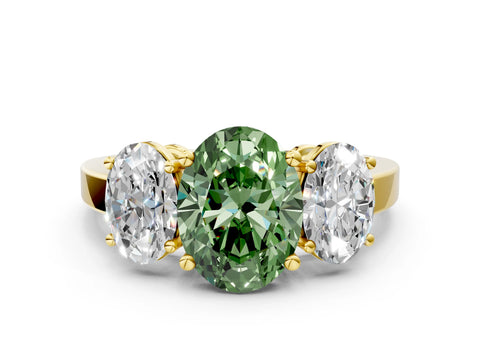 Yellow gold Three-Stone Fancy Green Oval Cut Cut Diamond Engagement Ring with Flat Band and Four-Prong Setting