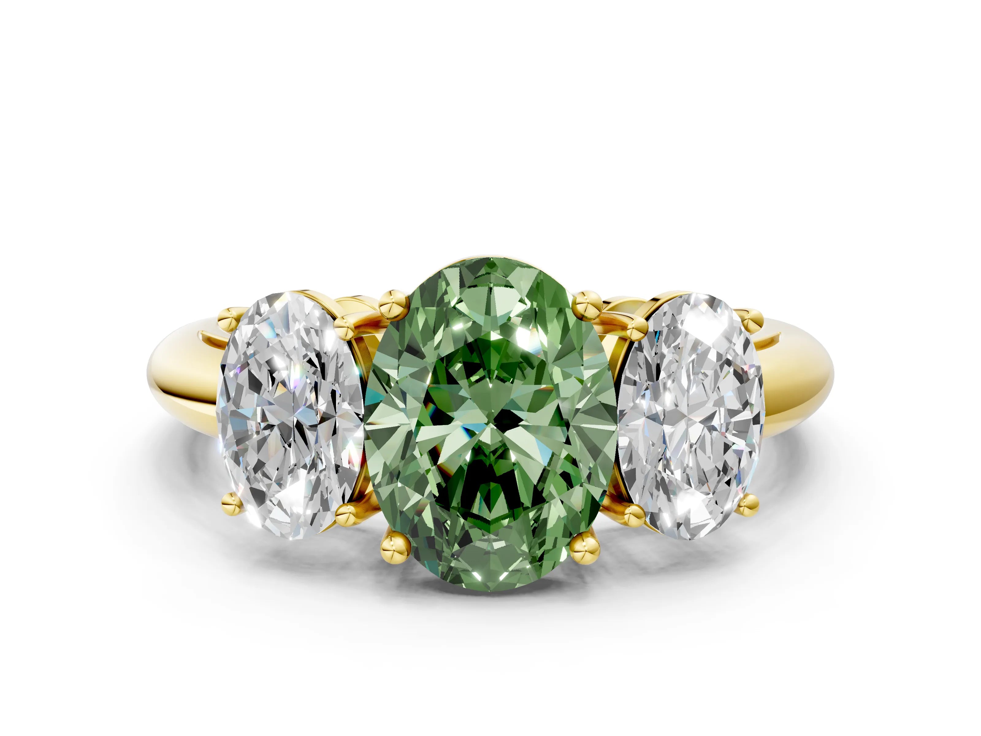 Yellow gold Three-Stone Fancy Green Oval Cut Cut Diamond Engagement Ring with Prong Setting on a White Gold Band