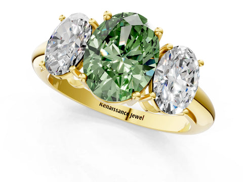 Yellow gold Three-Stone Fancy Green Oval Cut Cut Diamond Engagement Ring with Prong Setting on a White Gold Band_1