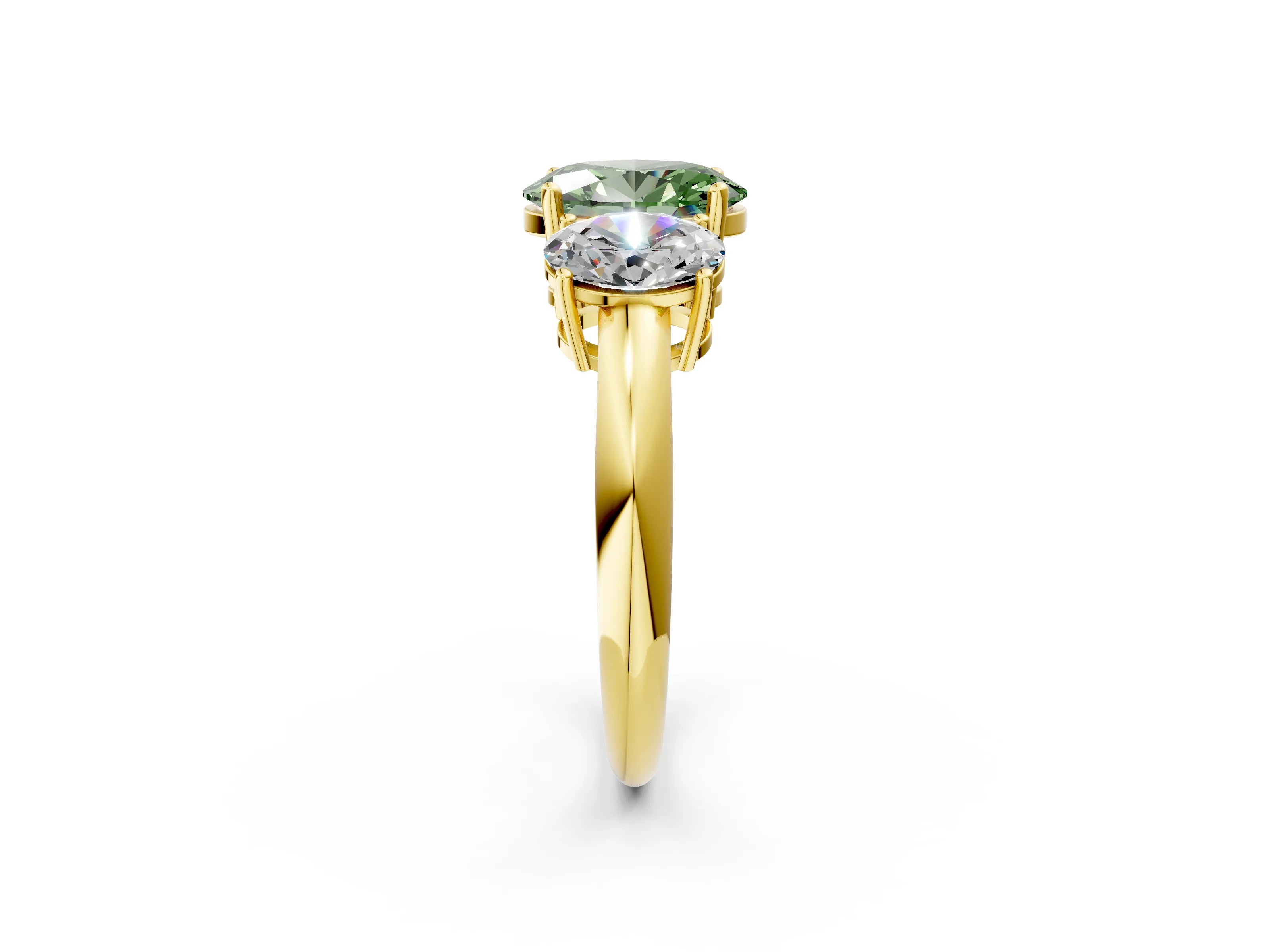 Yellow gold Three-Stone Fancy Green Oval Cut Cut Diamond Engagement Ring with Prong Setting on a White Gold Band_2