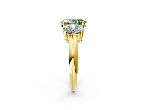 Yellow gold Three-Stone Fancy Green Oval Cut Cut Diamond Engagement Ring with Prong Setting on a White Gold Band_2