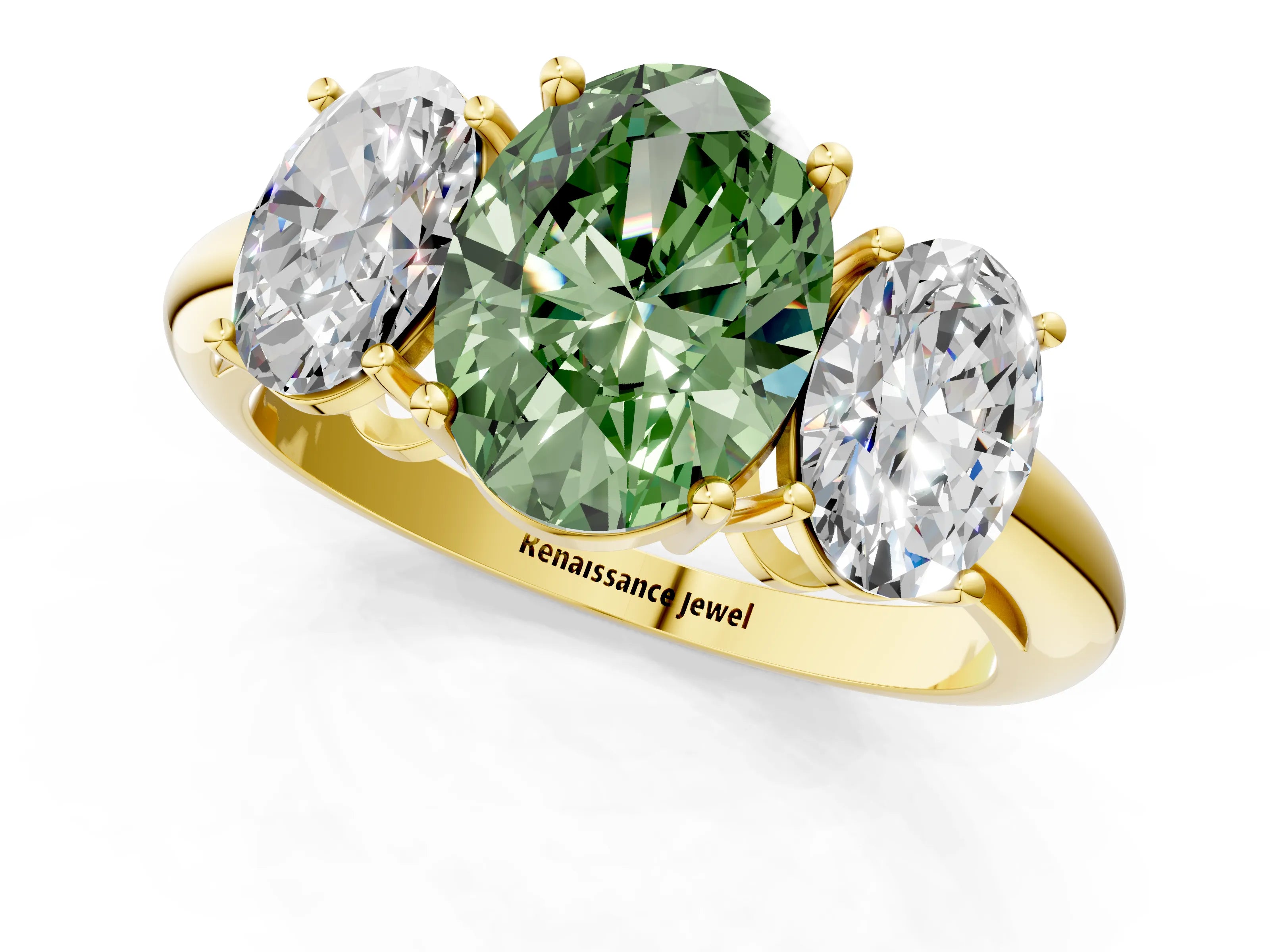 Yellow gold Three-Stone Fancy Green Oval Cut Cut Diamond Engagement Ring with Prong Setting on a White Gold Band_37