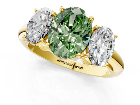 Yellow gold Three-Stone Fancy Green Oval Cut Cut Diamond Engagement Ring with Prong Setting on a White Gold Band_37