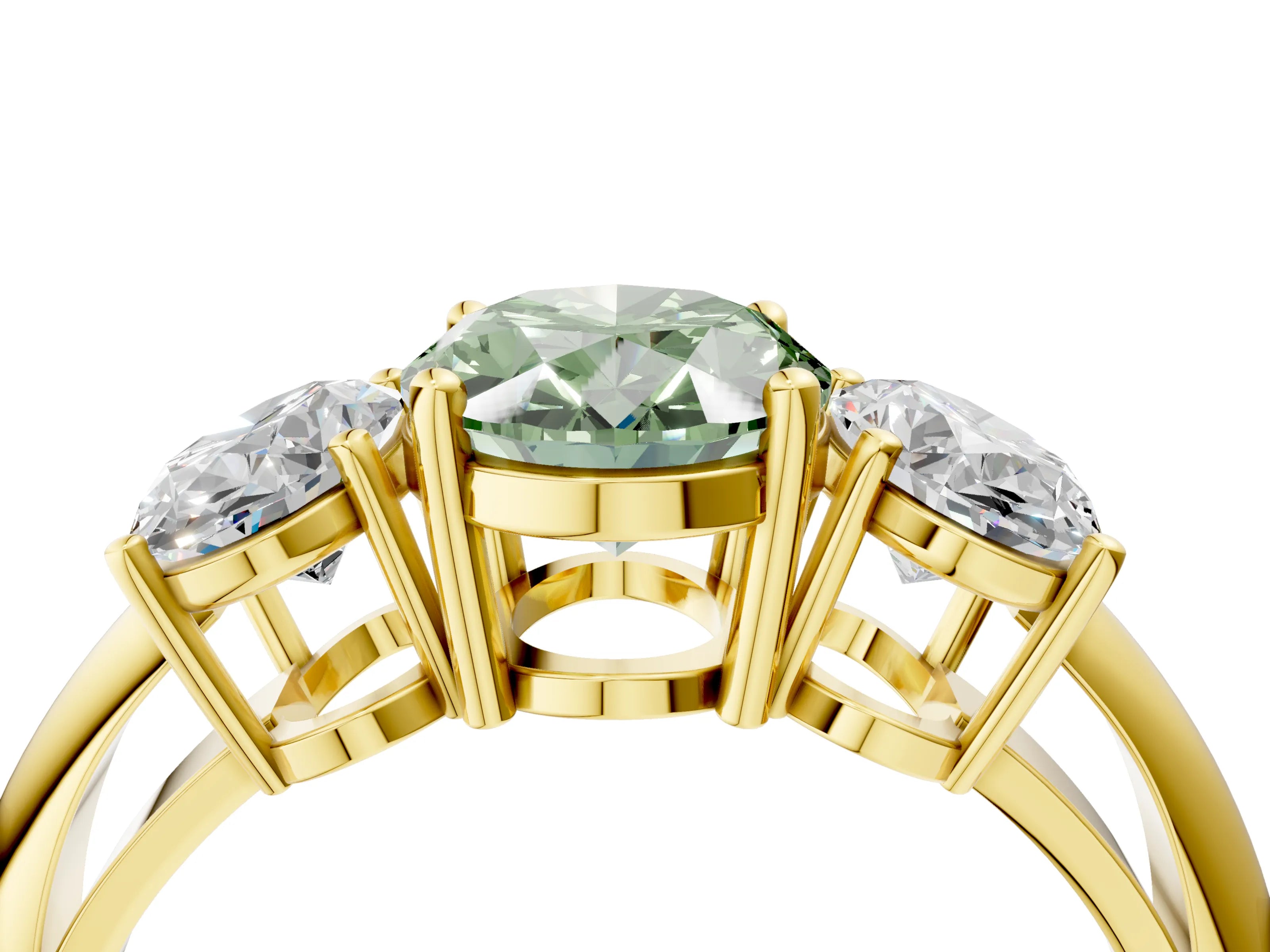 Yellow gold Three-Stone Fancy Green Oval Cut Cut Diamond Engagement Ring with Prong Setting on a White Gold Band_4
