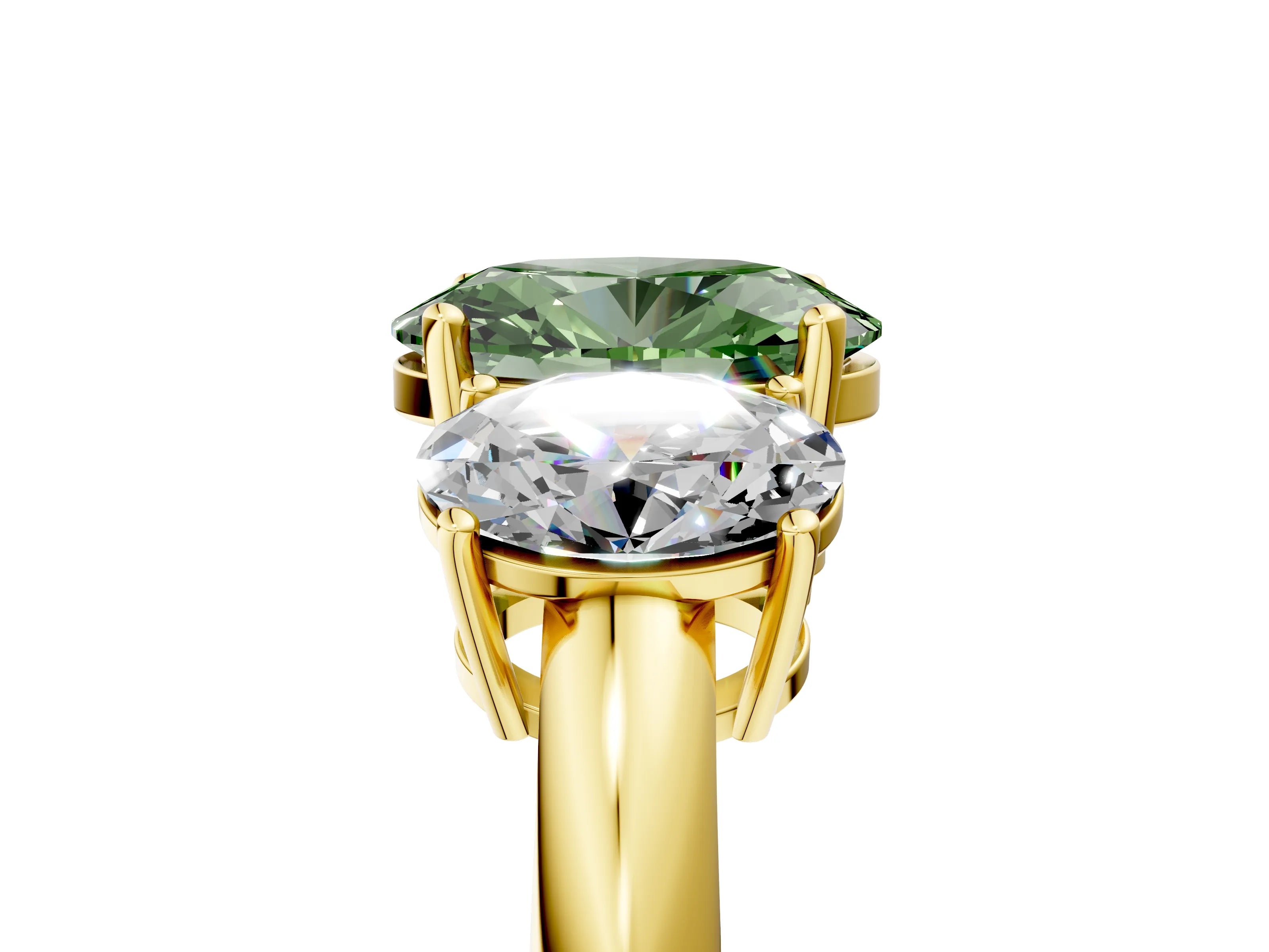 Yellow gold Three-Stone Fancy Green Oval Cut Cut Diamond Engagement Ring with Prong Setting on a White Gold Band_5