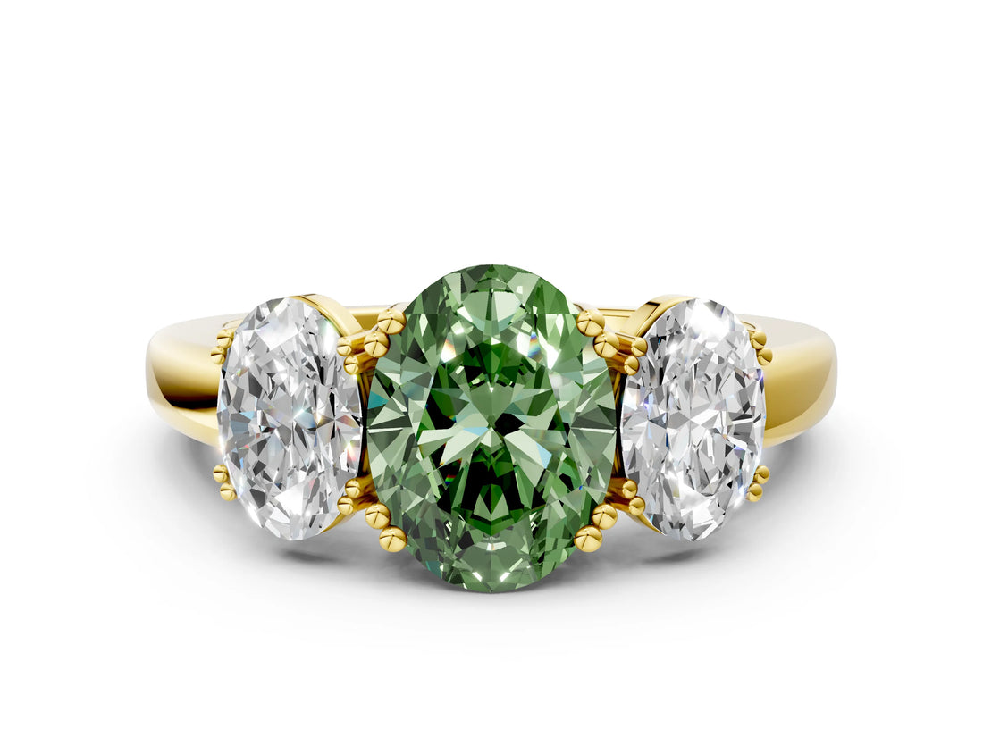 Yellow gold Three-Stone Fancy Green Oval Cut Cut Diamond Ring with Channel Set Band and Four-Prong Setting