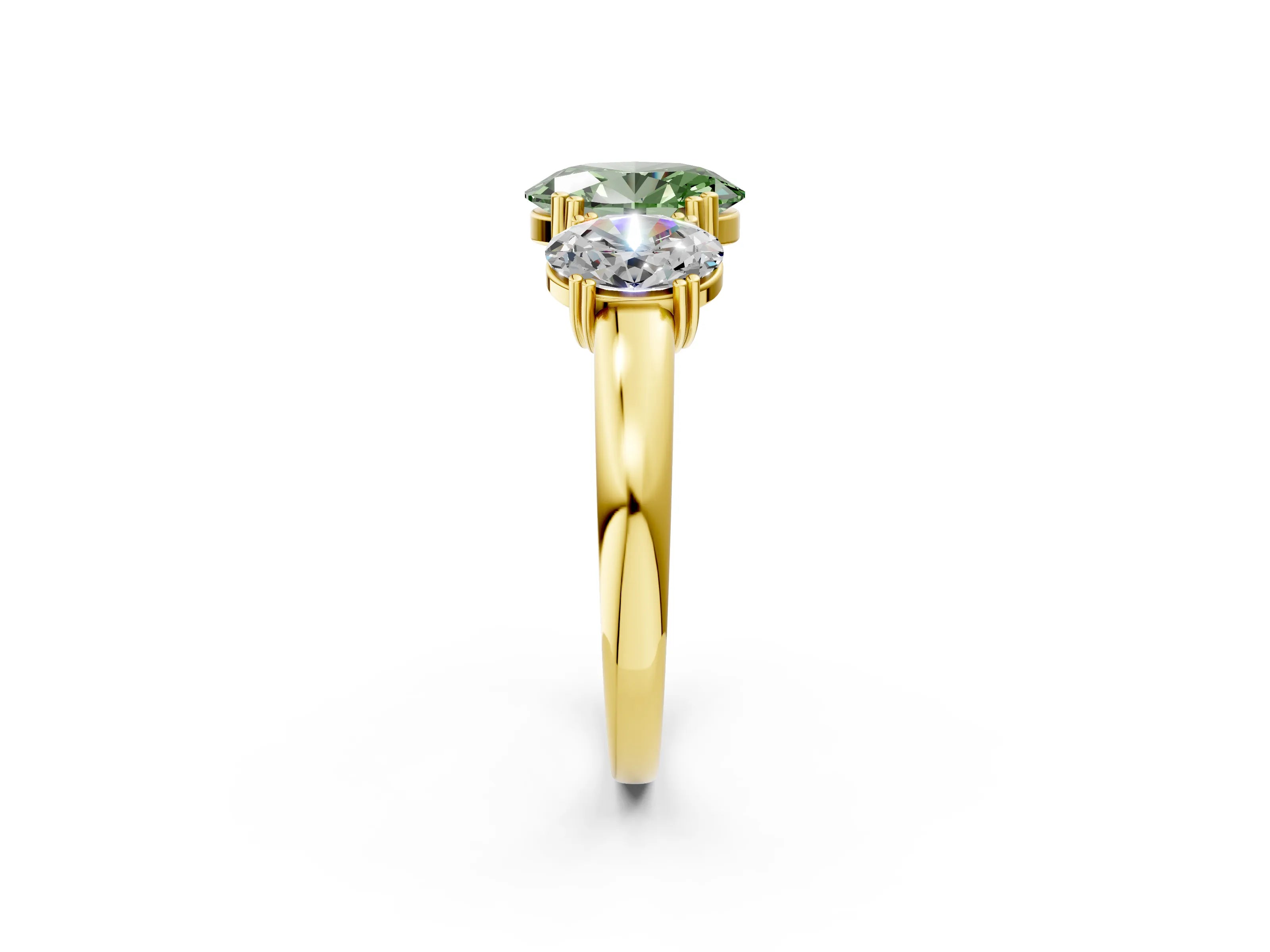 Yellow gold Three-Stone Fancy Green Oval Cut Cut Diamond Ring with Channel Set Band and Four-Prong Setting_2