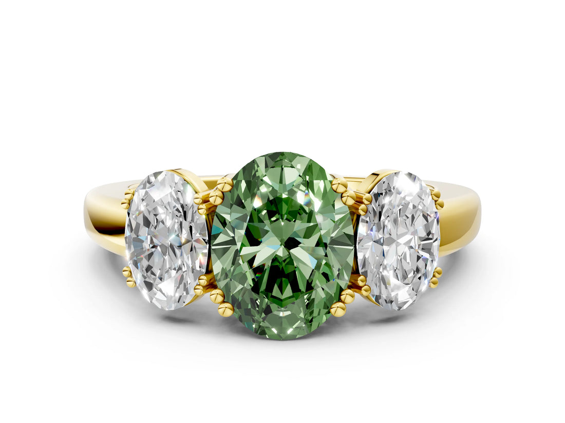 Yellow gold Three-Stone Fancy Green Oval Cut Cut Diamond Ring with Channel Set Band and Four-Prong Setting_24