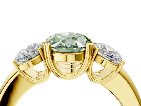 Yellow gold Three-Stone Fancy Green Oval Cut Cut Diamond Ring with Channel Set Band and Four-Prong Setting_4