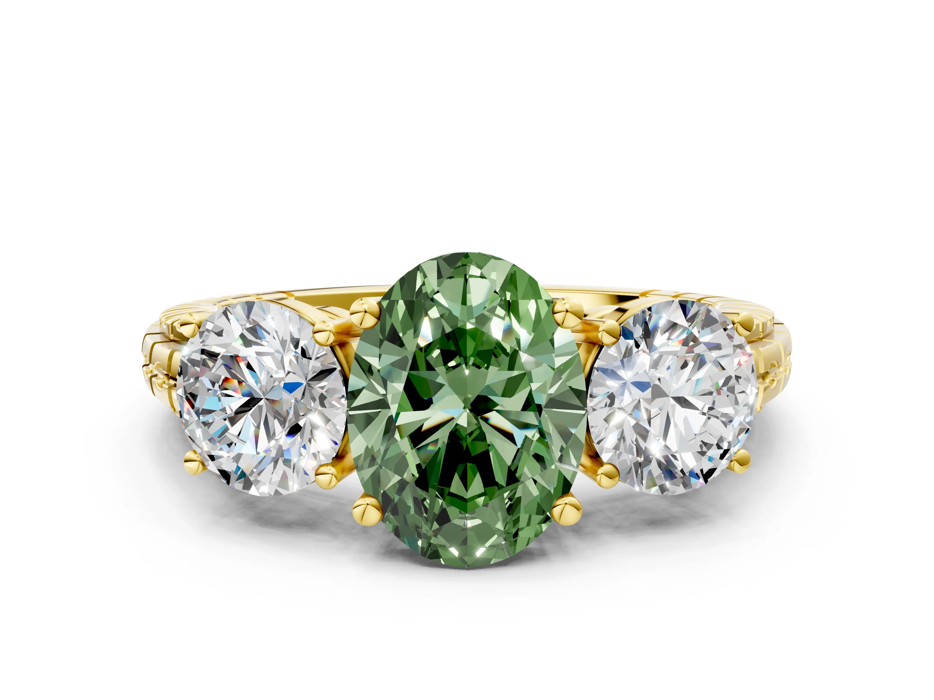 Yellow gold Three-Stone Fancy Green Oval Cut Cut Diamond Ring with Channel-Set Band and Prong Setting