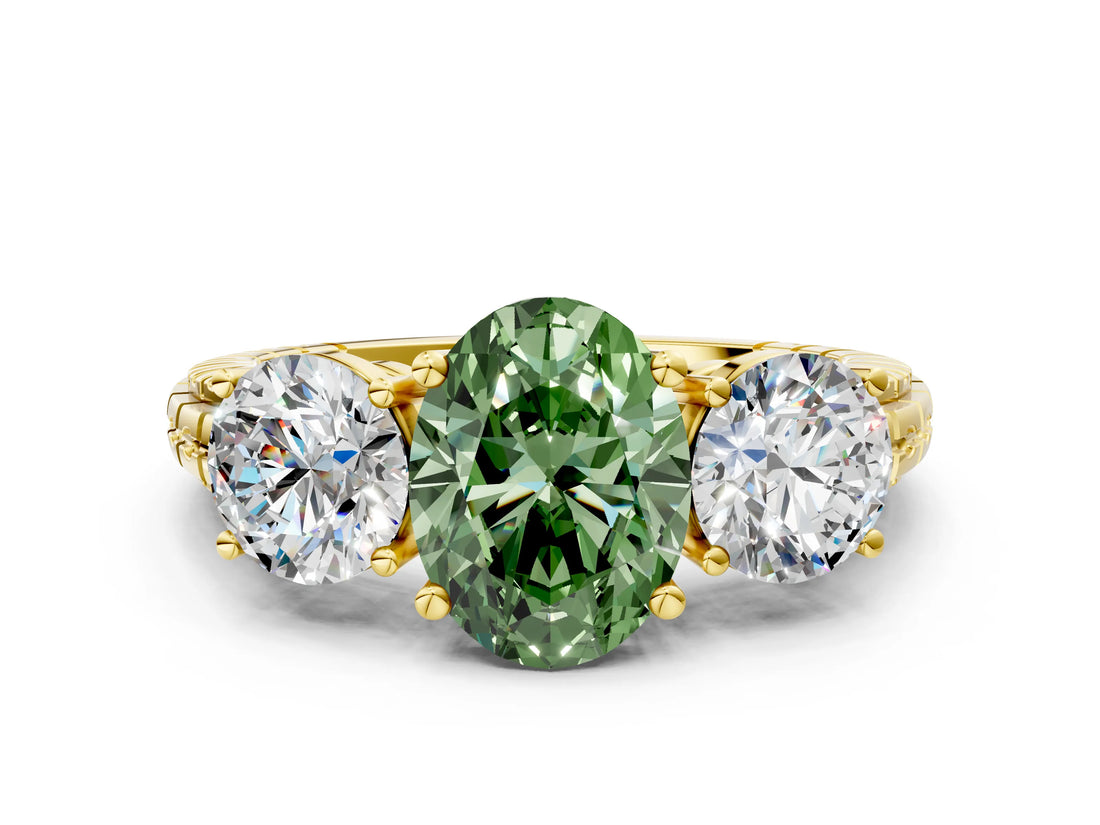 Yellow gold Three-Stone Fancy Green Oval Cut Cut Diamond Ring with Channel-Set Band and Prong Setting