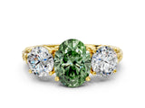 Yellow gold Three-Stone Fancy Green Oval Cut Cut Diamond Ring with Channel-Set Band and Prong Setting