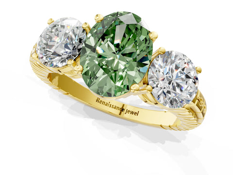Yellow gold Three-Stone Fancy Green Oval Cut Cut Diamond Ring with Channel-Set Band and Prong Setting_1