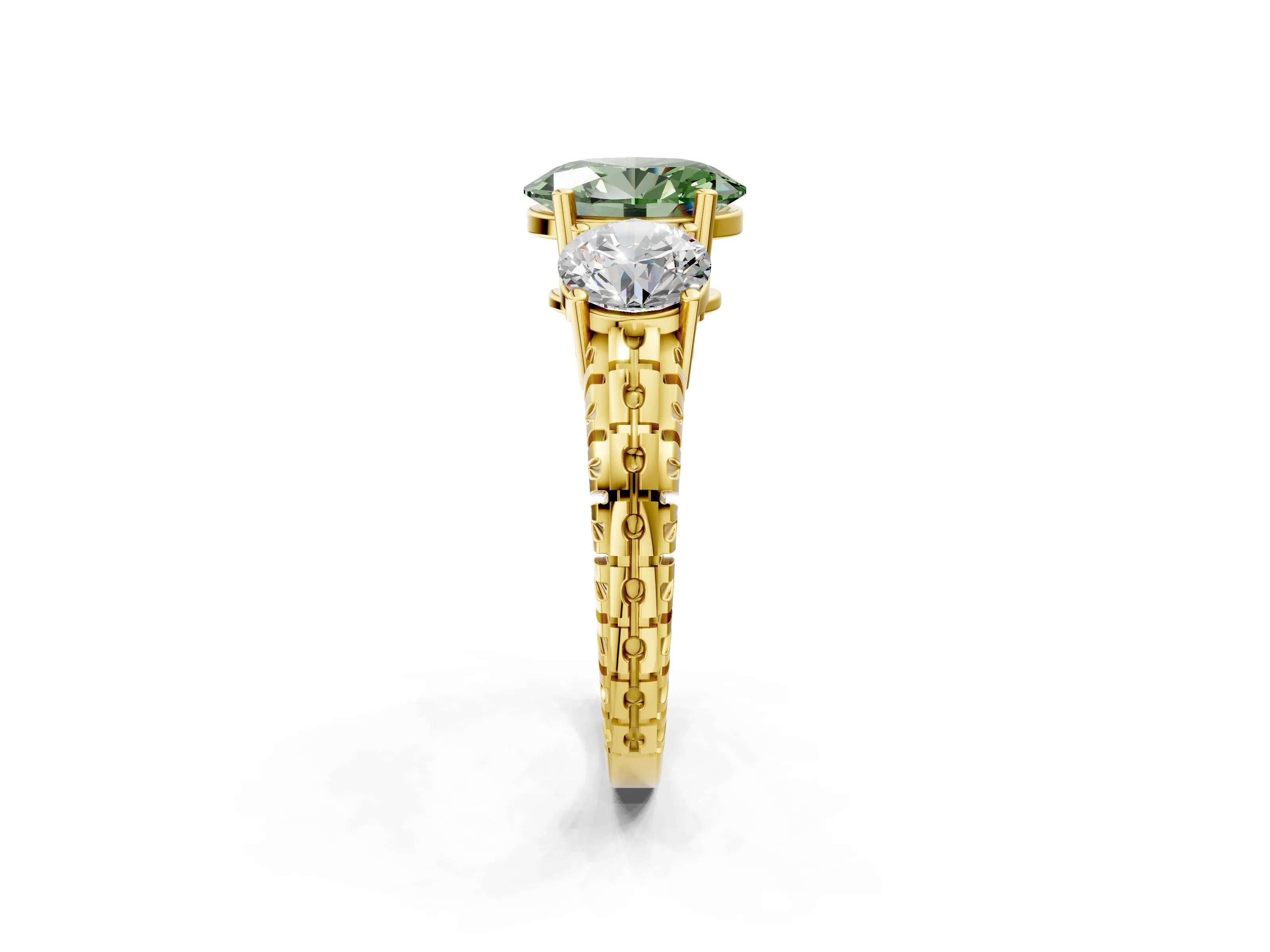 Yellow gold Three-Stone Fancy Green Oval Cut Cut Diamond Ring with Channel-Set Band and Prong Setting_2