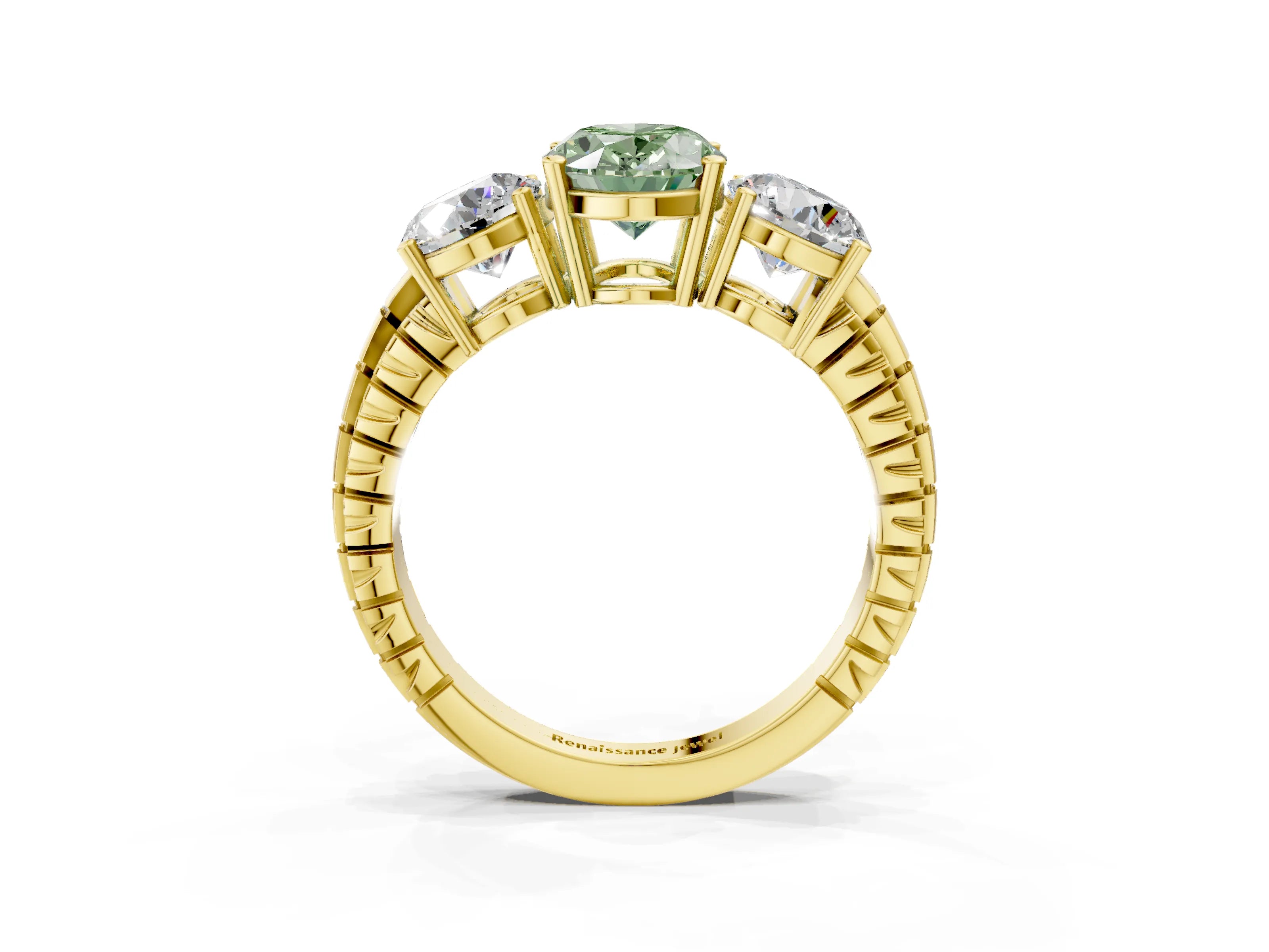 Yellow gold Three-Stone Fancy Green Oval Cut Cut Diamond Ring with Channel-Set Band and Prong Setting_3