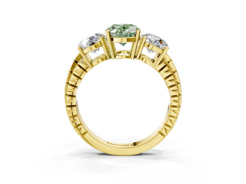 Yellow gold Three-Stone Fancy Green Oval Cut Cut Diamond Ring with Channel-Set Band and Prong Setting_3
