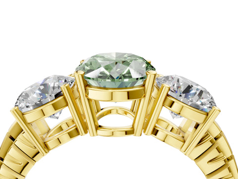 Yellow gold Three-Stone Fancy Green Oval Cut Cut Diamond Ring with Channel-Set Band and Prong Setting_4