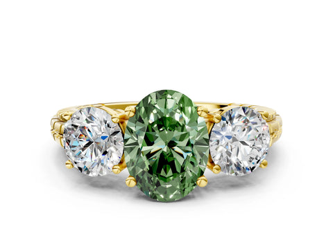 Yellow gold Three-Stone Fancy Green Oval Cut Cut Diamond Ring with Channel-Set Band and Prong Setting