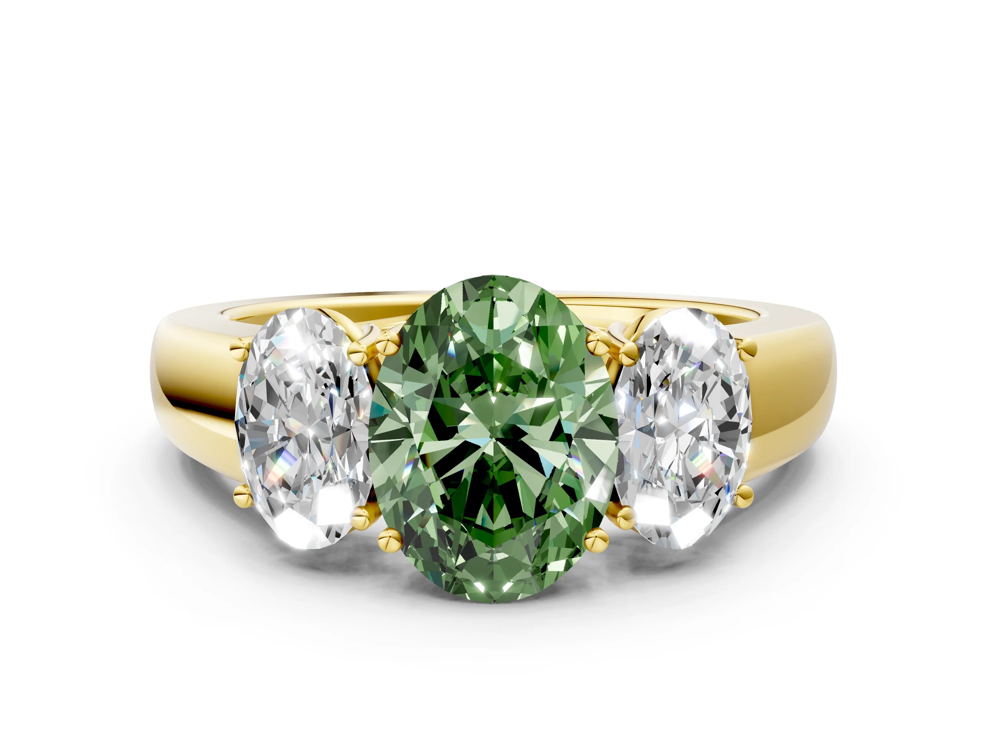 Yellow gold Three-Stone Fancy Green Oval Cut Cut Diamond Ring with Prong Setting and Classic Band