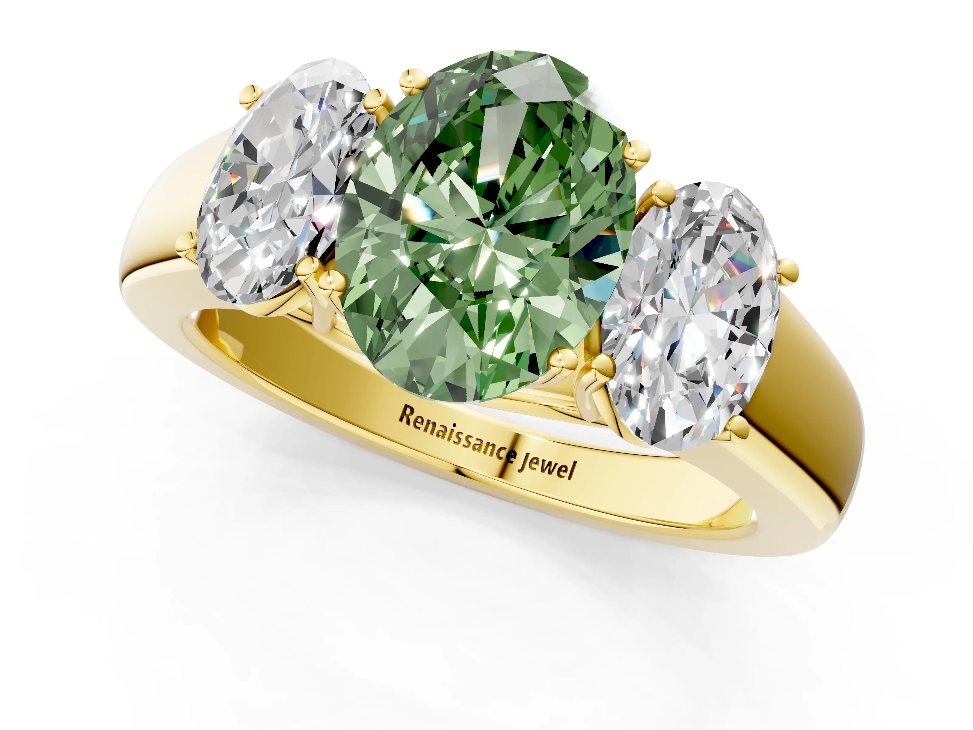 Yellow gold Three-Stone Fancy Green Oval Cut Cut Diamond Ring with Prong Setting and Classic Band_1