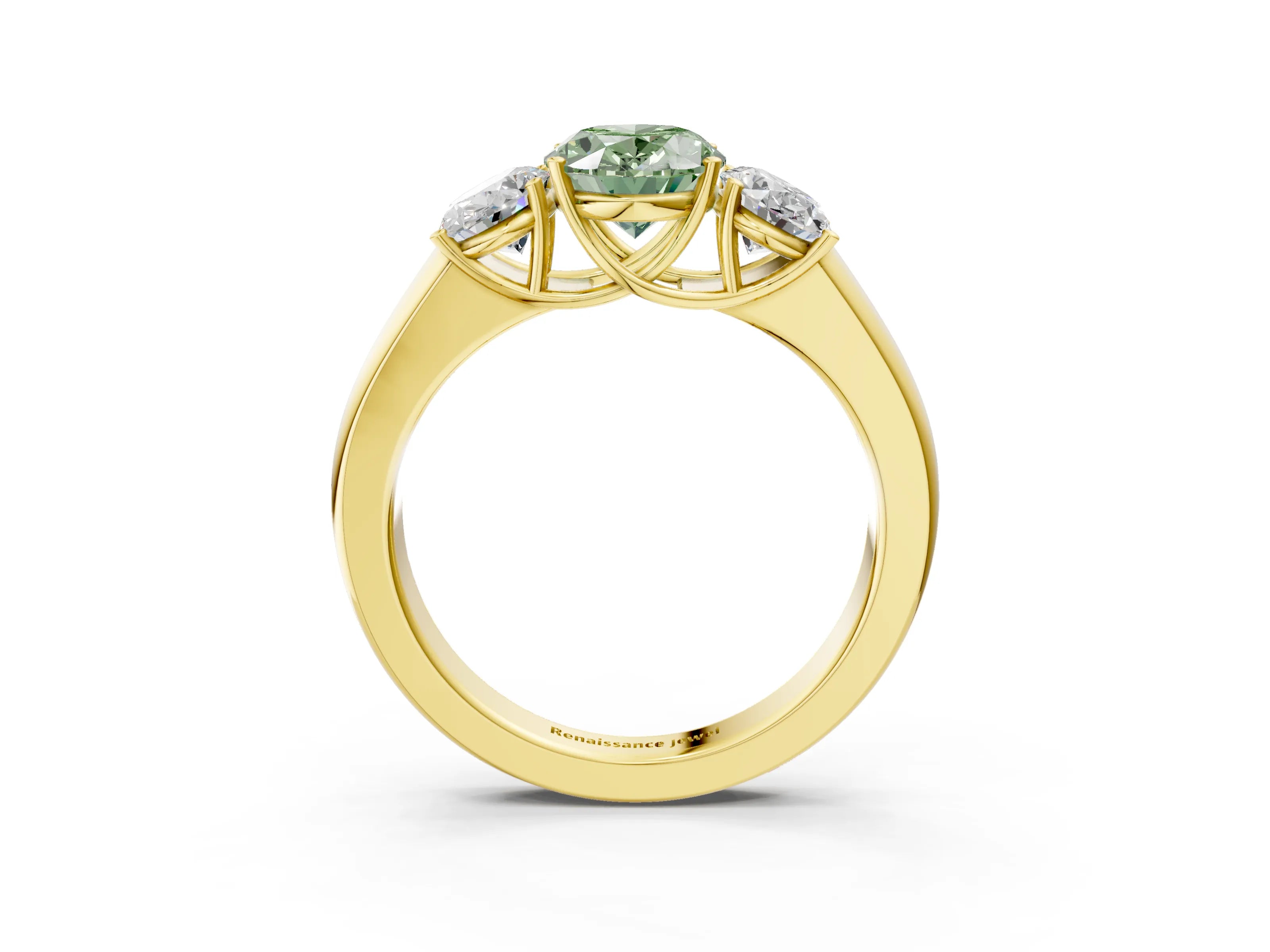 Yellow gold Three-Stone Fancy Green Oval Cut Cut Diamond Ring with Prong Setting and Classic Band_3