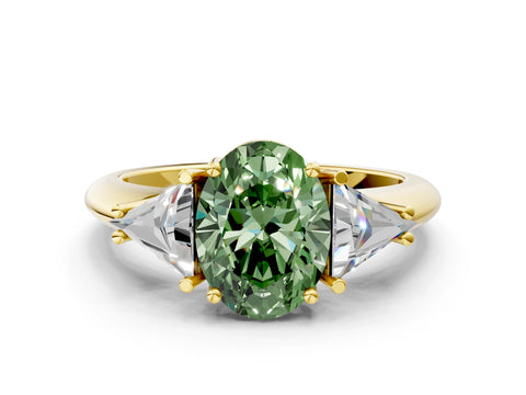 Yellow gold Three-Stone Fancy Green Oval Cut Cut Diamond Ring with Trillion Side Stones and Four-Prong Setting_3