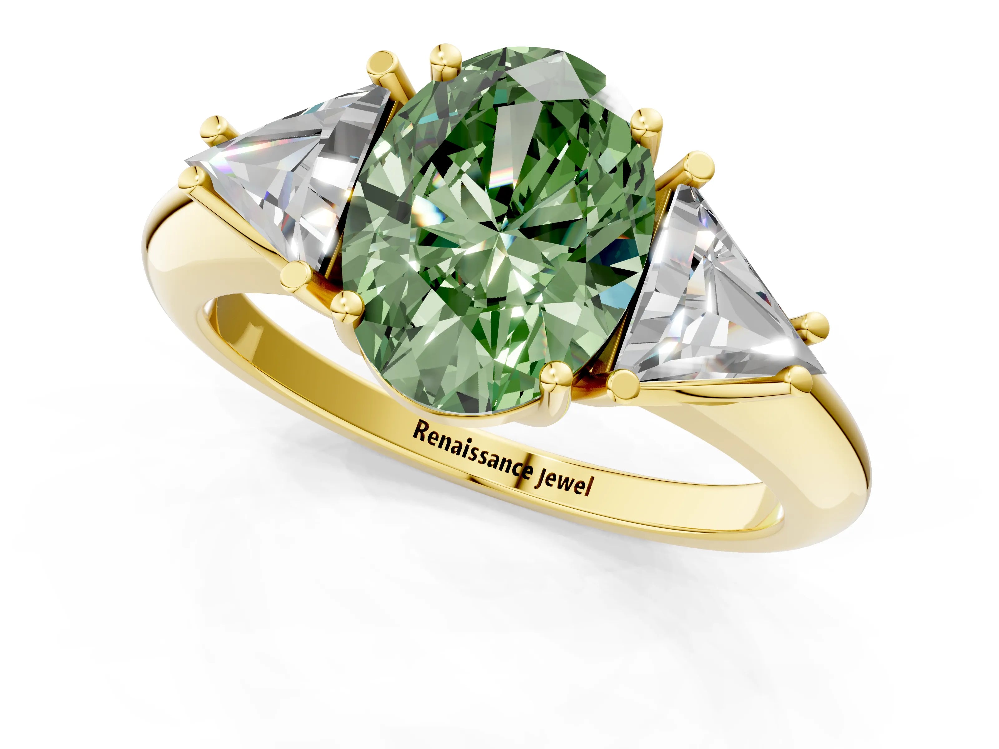 Yellow gold Three-Stone Fancy Green Oval Cut Cut Diamond Ring with Trillion Side Stones and Four-Prong Setting_4