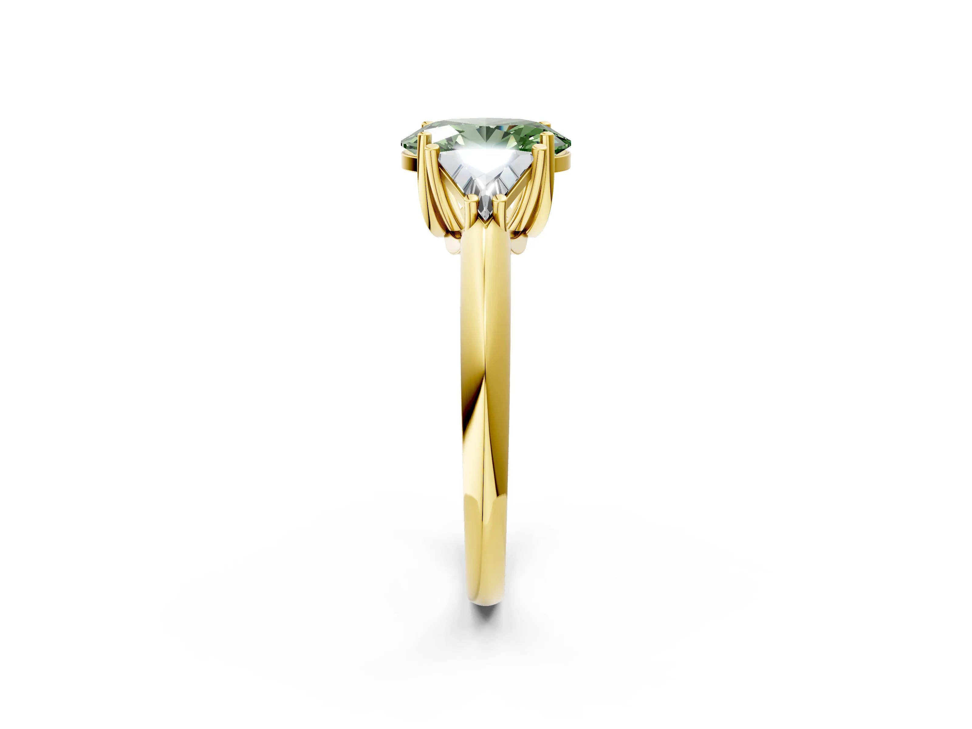 Yellow gold Three-Stone Fancy Green Oval Cut Cut Diamond Ring with Trillion Side Stones and Four-Prong Setting_5