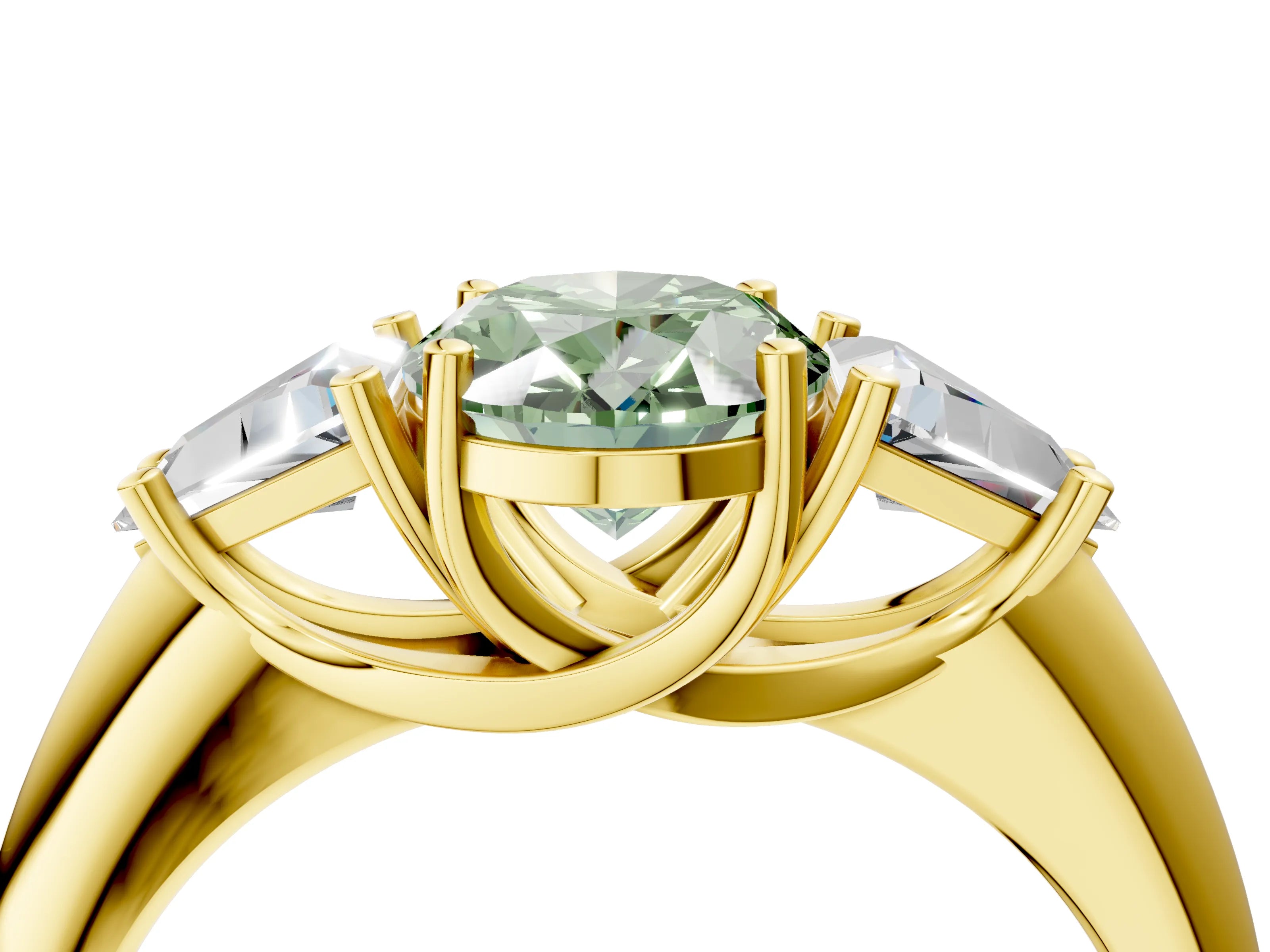 Yellow gold Three-Stone Fancy Green Oval Cut Cut Diamond Ring with Trillion Side Stones and Four-Prong Setting_7