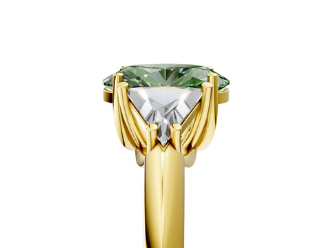 Yellow gold Three-Stone Fancy Green Oval Cut Cut Diamond Ring with Trillion Side Stones and Four-Prong Setting_8