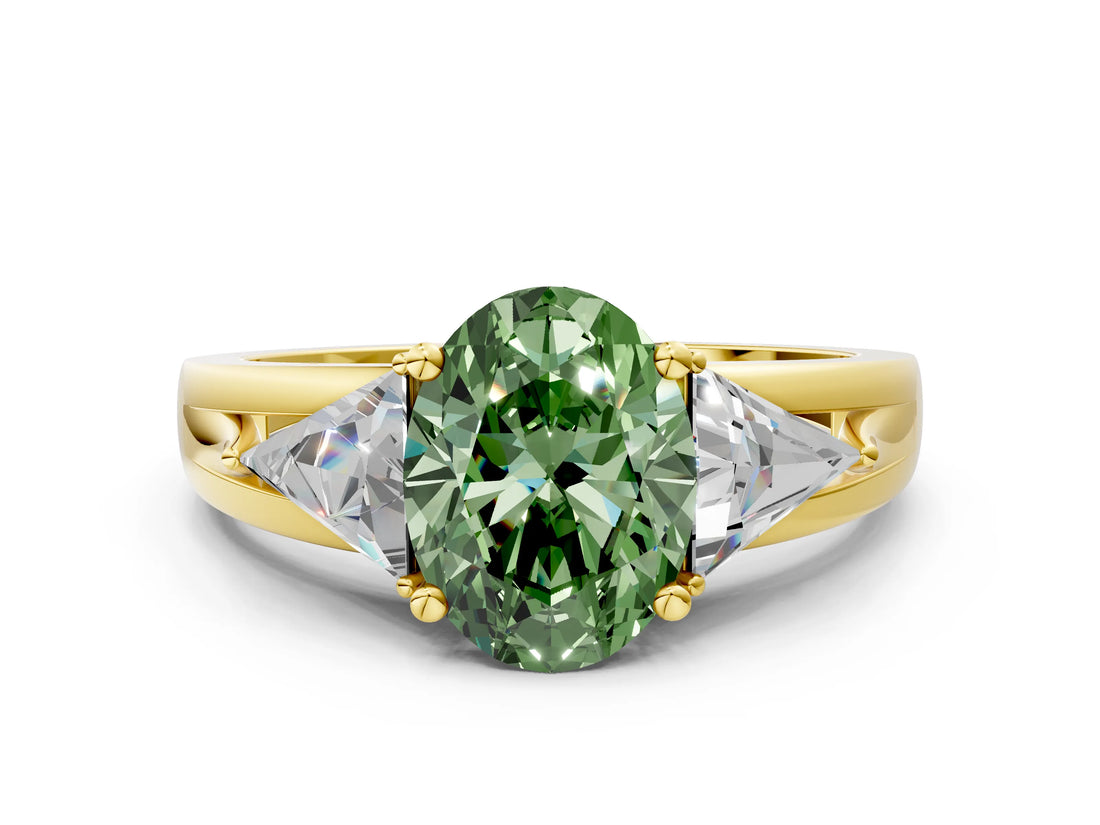 Yellow gold Three-Stone Fancy Green Oval Cut Cut Diamond Ring with Trillion Side Stones on a Split Shank Band