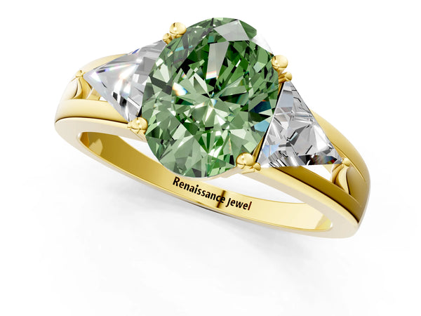 Yellow Gold Oval Split Shank Three Stone Engagement Ring Setting for Fancy Green Center