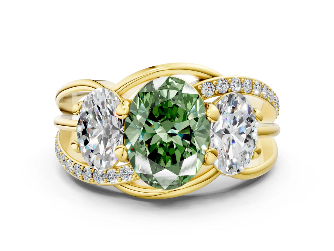 Yellow gold Three-Stone Fancy Green Oval Cut Cut Diamond Split Shank Prong Set Ring