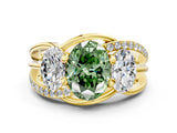 Yellow gold Three-Stone Fancy Green Oval Cut Cut Diamond Split Shank Prong Set Ring