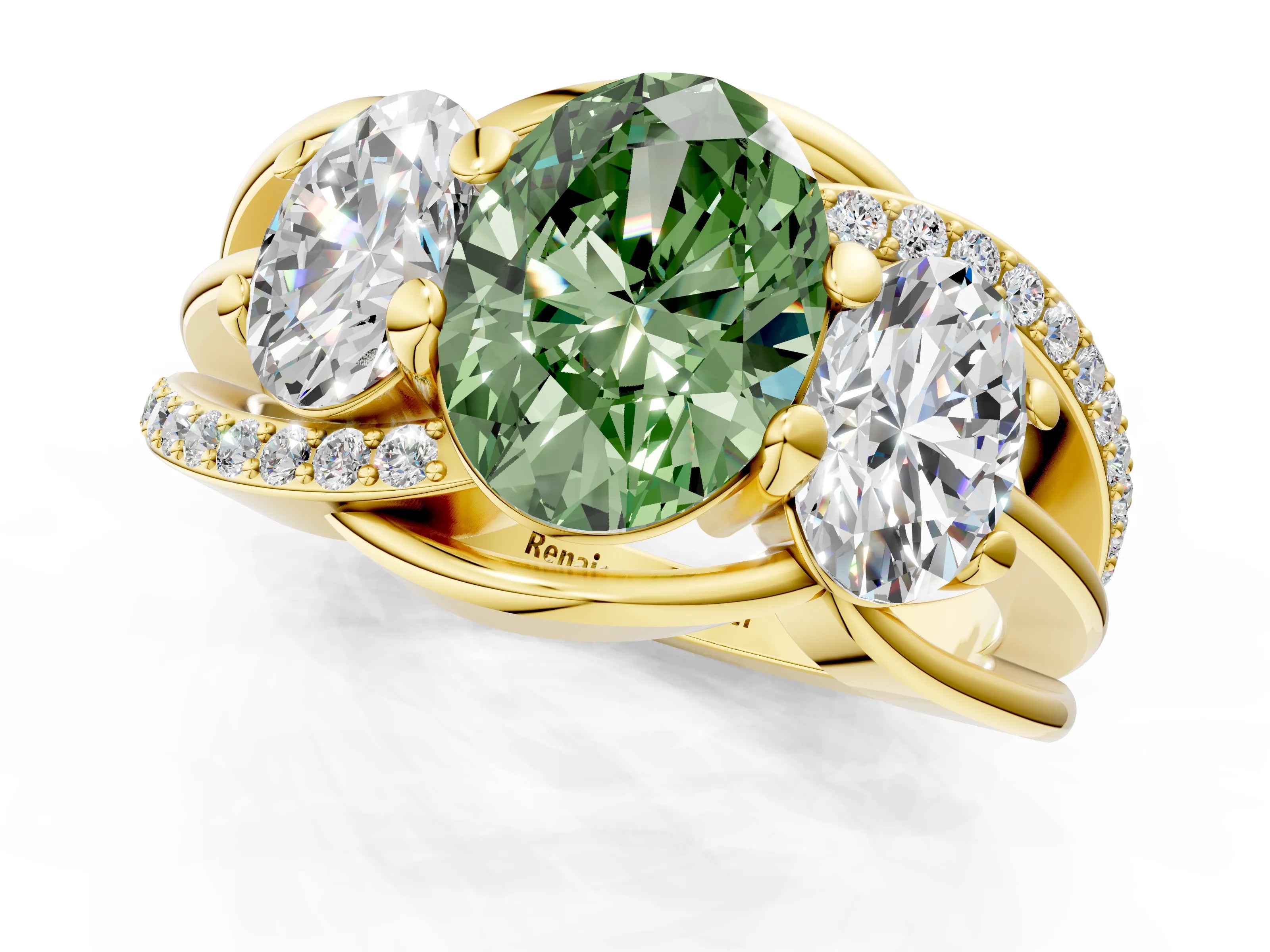 Yellow gold Three-Stone Fancy Green Oval Cut Cut Diamond Split Shank Prong Set Ring_1