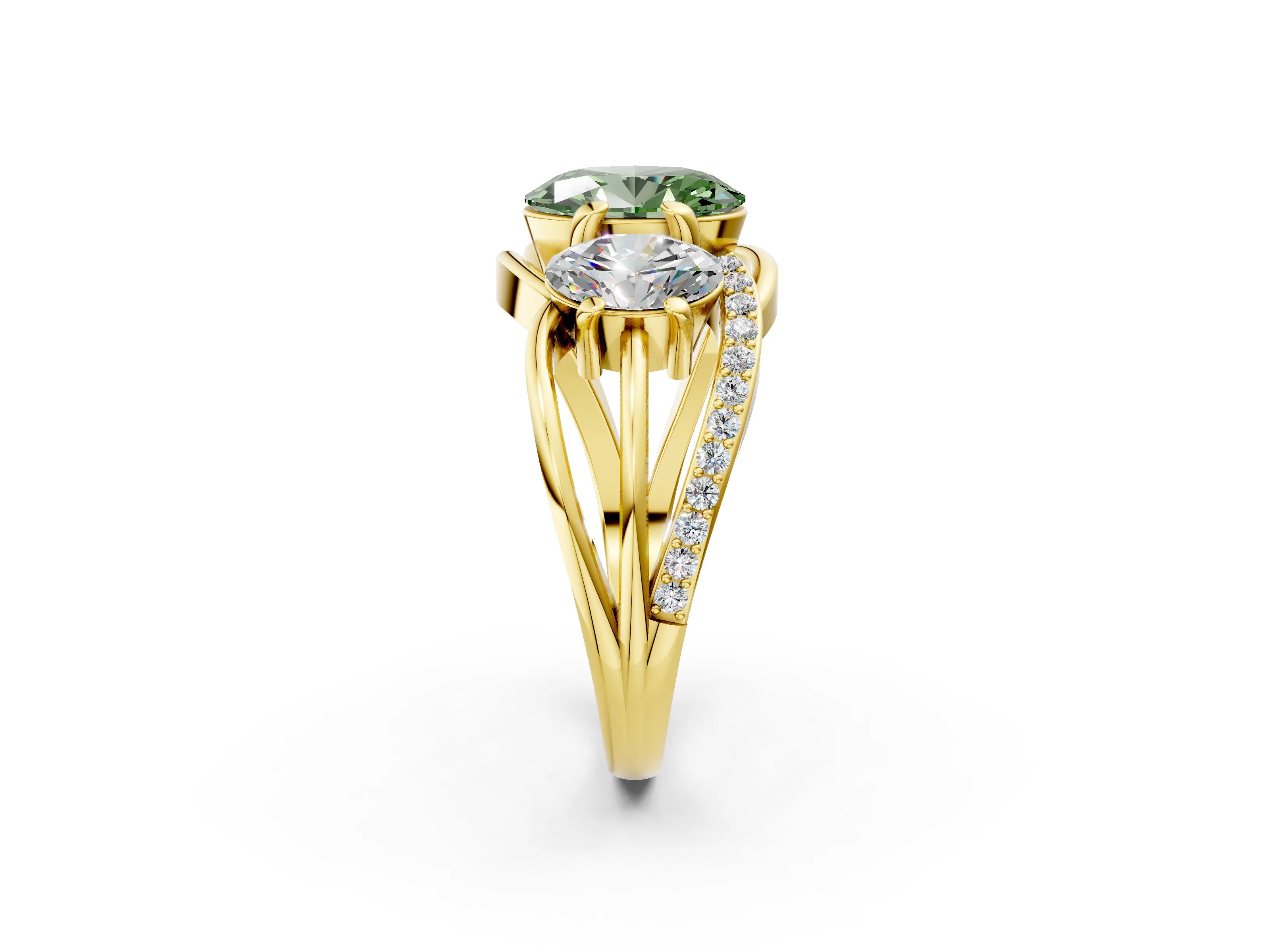 Yellow gold Three-Stone Fancy Green Oval Cut Cut Diamond Split Shank Prong Set Ring_2
